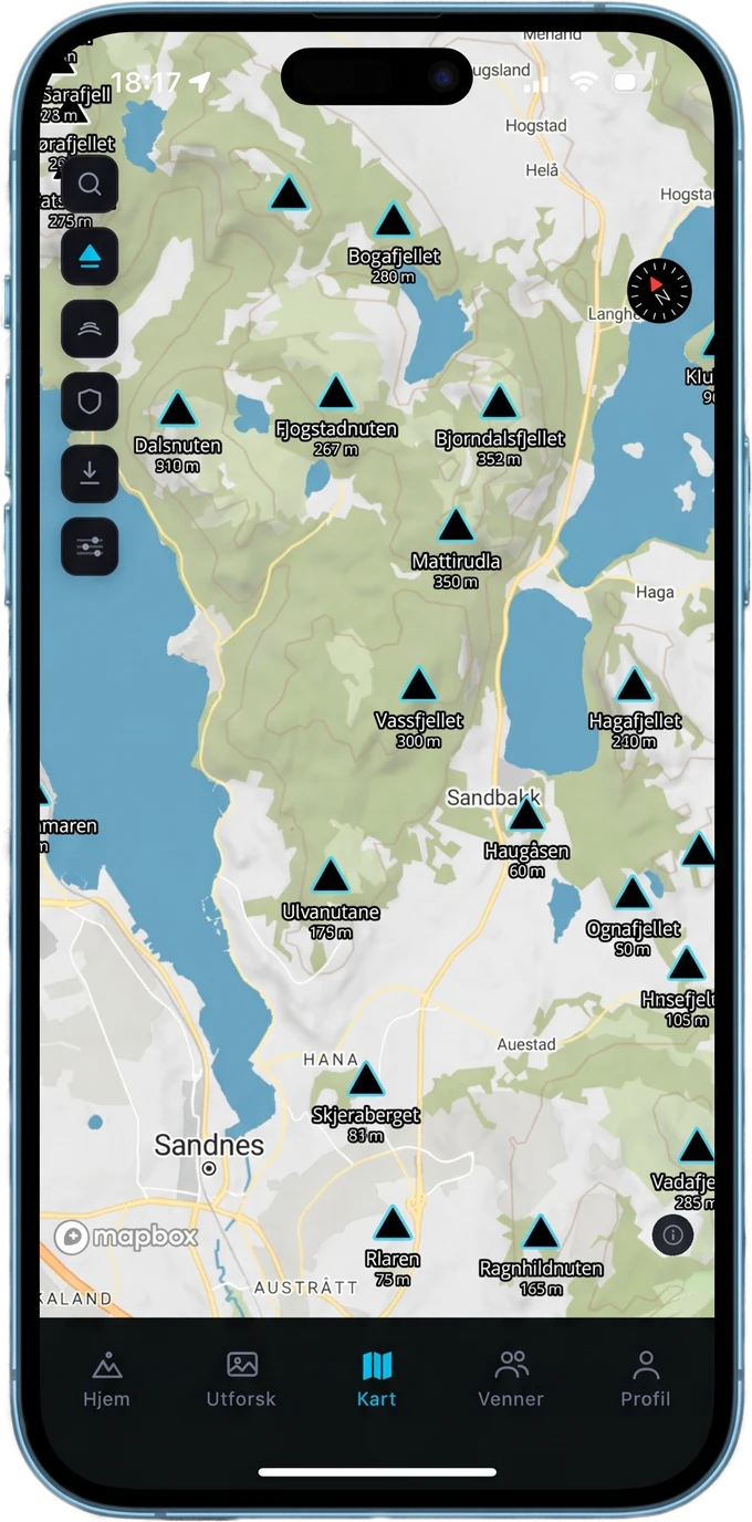 The Map tab in the Conquer app with GPS-verified peaks